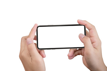 Smartphone in female hands taking photo isolated on white blackground