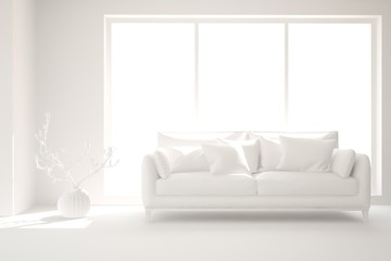 Fototapeta premium Mock up of stylish room in white color with sofa. Scandinavian interior design. 3D illustration