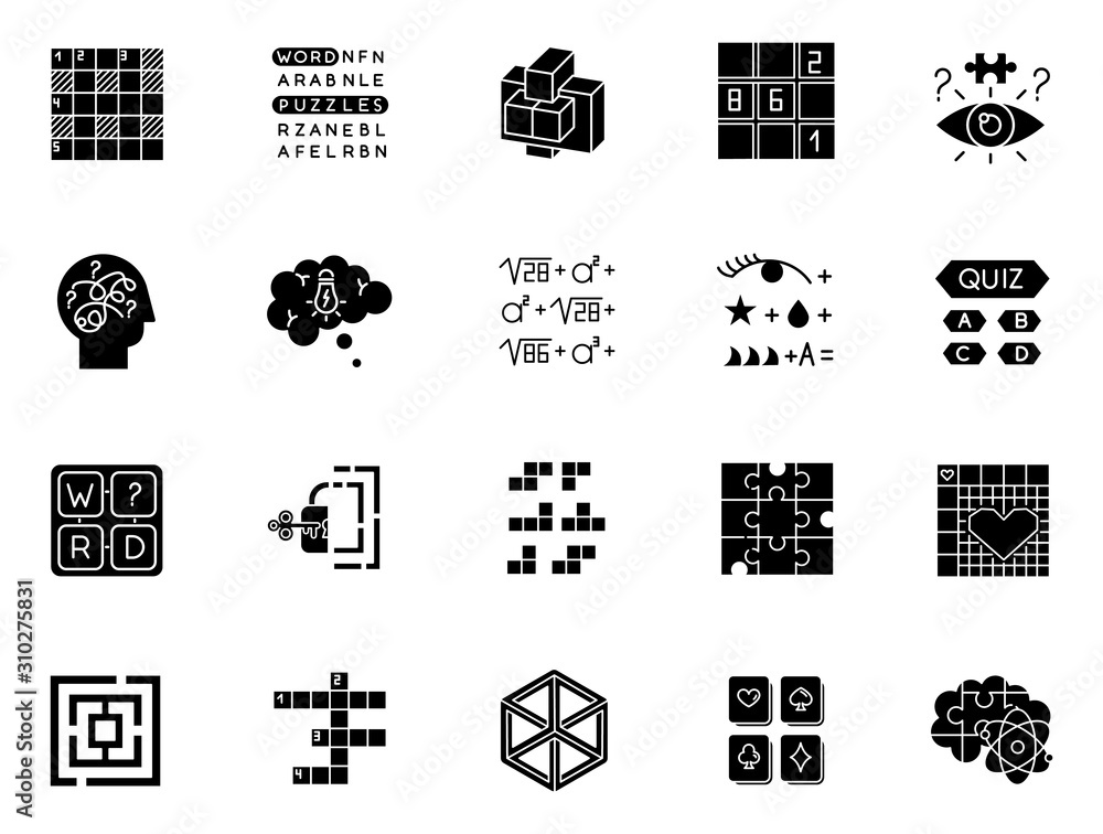 Poster puzzles and riddles glyph icons set. mental exercise. language, vocabulary, intelligence test. brain