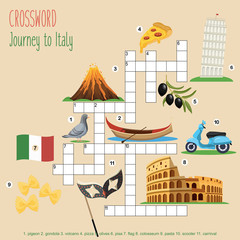 Easy crossword puzzle 'Journey to Italy', for children in elementary and middle school. Fun way to practice language comprehension and expand vocabulary. Includes answers. Vector illustration.
