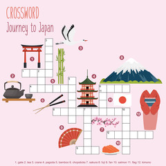Easy crossword puzzle 'Journey to Japan', for children in elementary and middle school. Fun way to practice language comprehension and expand vocabulary. Includes answers. Vector illustration.