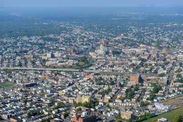 Fototapeta na wymiar Elizabeth skyline aerial view including Superior Court of New Jersey and First Presbyterian Church, City of Elizabeth, New Jersey, NJ, USA.