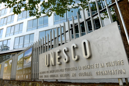 Paris, France - August 30, 2019: The logo of the UNESCO on the main  building in Paris, France.