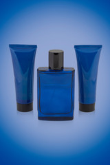 set of luxury perfume bottle with shower gel and body lotion mockup on colorful background