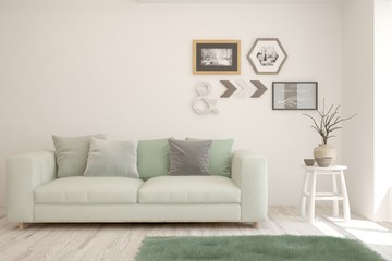 Stylish room in white color with sofa. Scandinavian interior design. 3D illustration