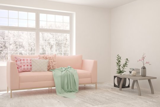 Stylish room in white color with pink sofa and winter landscape in window. Scandinavian interior design. 3D illustration