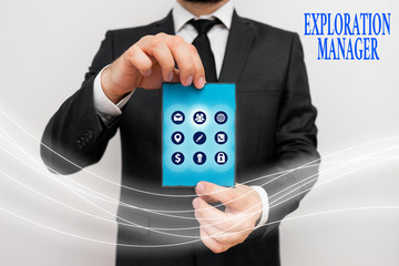 Handwriting text writing Exploration Manager. Conceptual photo lead and operate the mining company s is exploration