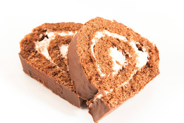 Sponge Cake Chocolate Roll Isolated on White