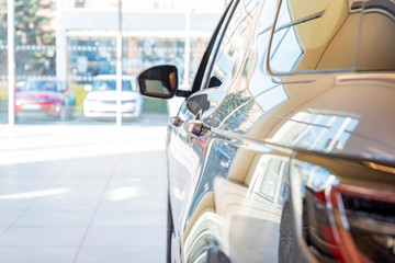 New cars at sunlit dealer showroom close view