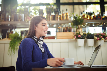 Side view of attractive caucasian brunette in blue sweater sitting in cafe, holding cup of coffee and using laptop for writing e-mail. Remote business concept.