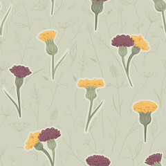 Vector Hand Drawn Meadow Florals in Green and Reds seamless pattern background.