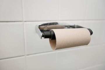 Close-up of finished toilet paper roll in bathroom