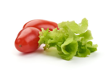 Salad leaf. Lettuce with cherry tomatoes, isolated on white background