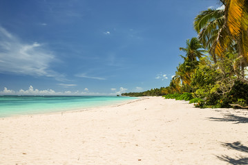 Coastline of Dominicana, fantastic blue water, blue and white striped tower on  lovely sandy beach...