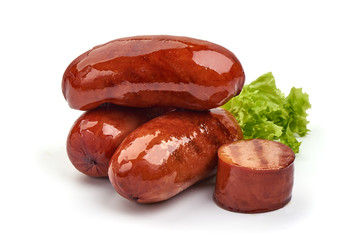 Grilled sausages, Oktoberfest dishes, isolated on white background