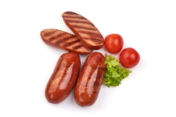 Grilled sausages, Oktoberfest dishes, isolated on white background