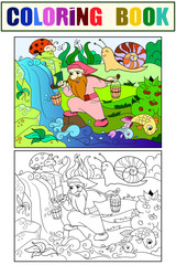 Childrens coloring and color. Forest, a magic dwarf is picking up water in a creek