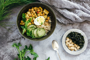 Chickpea Curry over Rice with Cucumbers and Egg