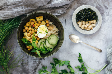 Chickpea Curry over Rice with Cucumbers and Egg