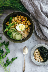 Chickpea Curry over Rice with Cucumbers and Egg