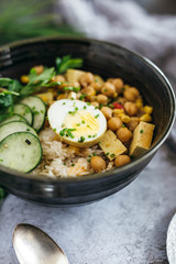 Chickpea Curry over Rice with Cucumbers and Egg