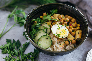 Chickpea Curry over Rice with Cucumbers and Egg