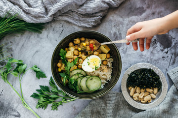 Chickpea Curry over Rice with Cucumbers and Egg