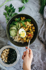 Chickpea Curry over Rice with Cucumbers and Egg