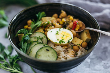 Chickpea Curry over Rice with Cucumbers and Egg