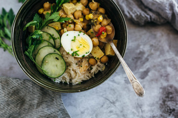 Chickpea Curry over Rice with Cucumbers and Egg