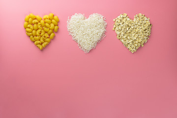 cereals hearts shape from pasta, rice and oats, valentines day background