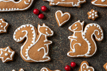 Homemade Christmas gingerbread cookies in the form of squirrels