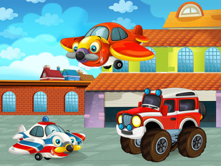 cartoon scene with car vehicle on the road near the garage or repair station with plane - illustration for children