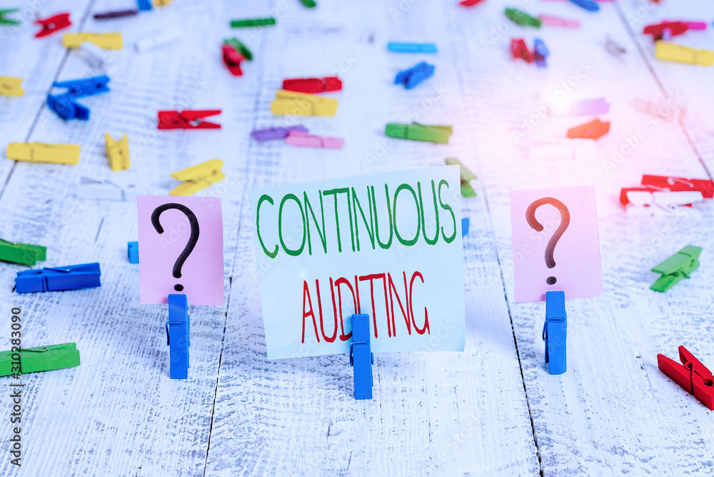 Poster text sign showing continuous auditing. business photo showcasing internal process that examines acco