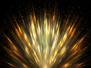 Decorative explosion of golden and turquoise colored powders, on a black background, with depth of field