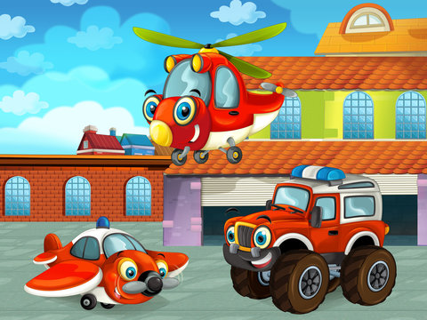 cartoon scene with car vehicle on the road near the garage or repair station with plane and helicopter - illustration for children