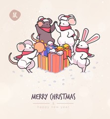 Christmas card with cute cartoon mice in vector. Funny and happy new year of mouse or rat. Chinese symbol 2020 new year.