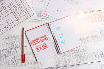 Conceptual hand writing showing Advertising Revenue. Concept meaning money media earn from selling advertising space or time Papercraft desk square spiral notebook office study supplies