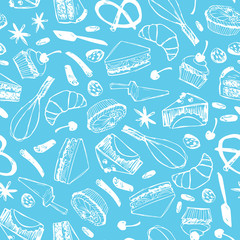 Vector blue monochrome cakes and pastry seamless background repeat pattern. Perfect for fabric, scrapbooking and wallpaper projects.