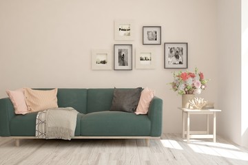 Stylish room in white color with sofa. Scandinavian interior design. 3D illustration