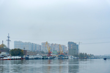Fototapeta na wymiar View of river port in Rostov-on-Don on cloudy autumn day