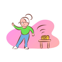 A cheerful energetic grandmother dances to the music. There is a player on the stool. Pink background. Vector cartoon illustration.