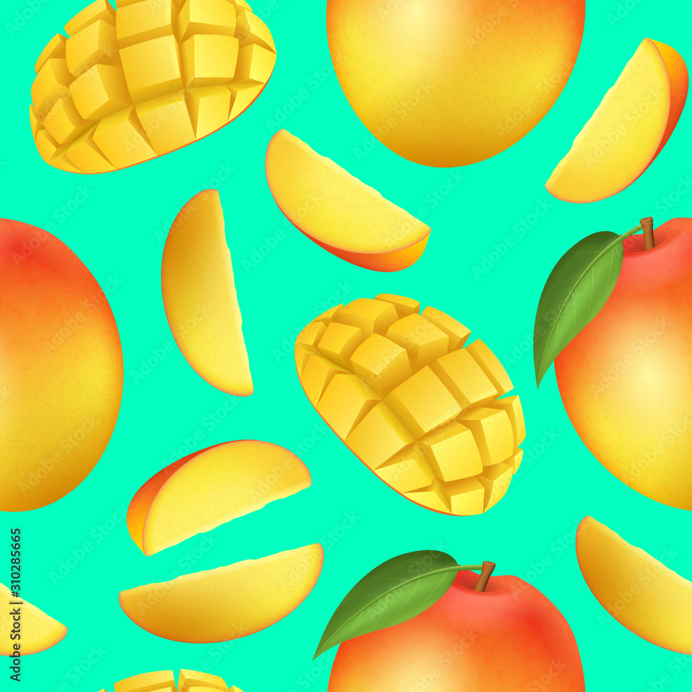 Poster realistic detailed 3d whole mango and sliced seamless pattern background. vector