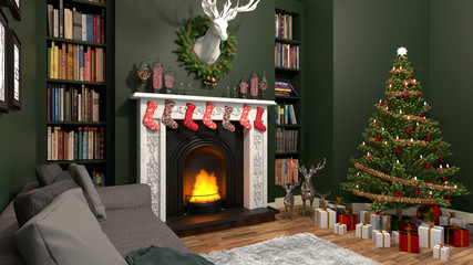 Home Interior Christmas Fireplace - 3D Rendering