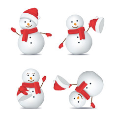 Realistic Detailed 3d Happy Snowman in Hat Set. Vector