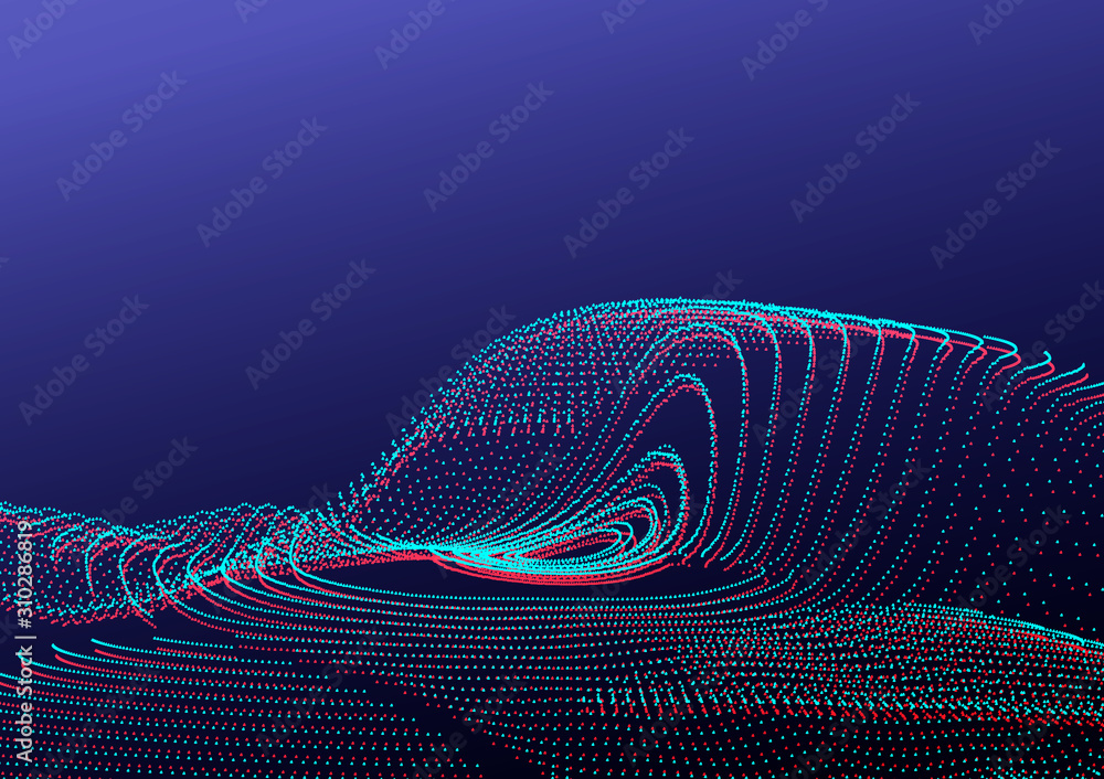 Poster abstract background with particles. volumetric figures and waves of particles. optical illusion of v