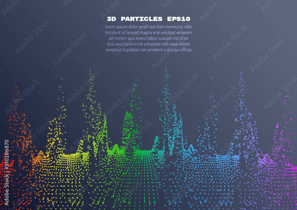 Poster abstract background with particles. volumetric figures and waves of particles. optical illusion of v
