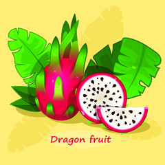 Dragon fruit with green leafs on yellow background