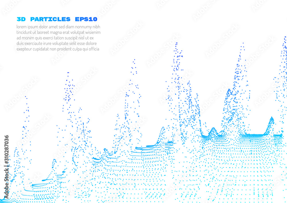 Poster abstract background with particles. volumetric figures and waves of particles. optical illusion of v