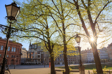 Cathedral Square (Doma Laukums) in the old town Riga, capital of Latvia, empty in a sunny morning.
